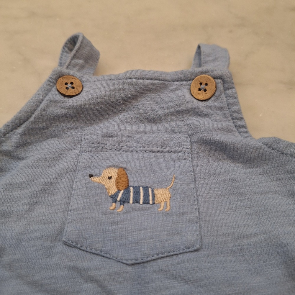 Rabbit + Bear Shortall Romper Baby 0-3M Organic Embroidered Dachshund Overalls